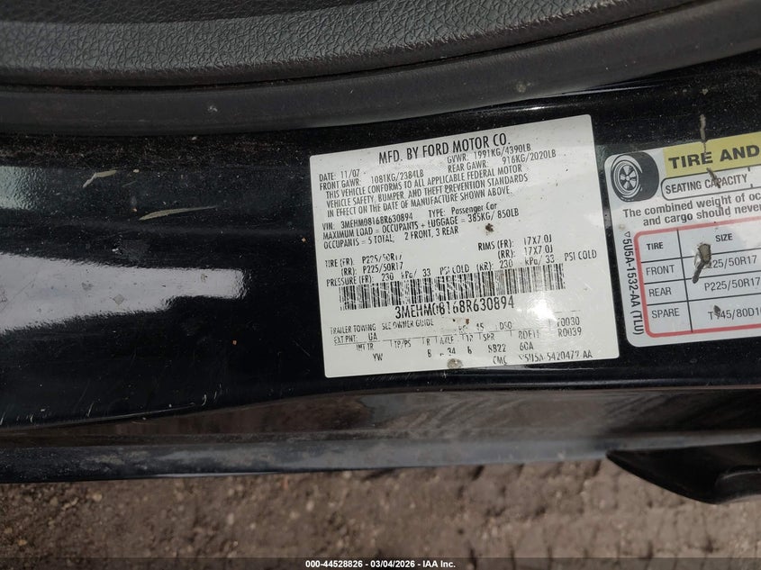 2008 Mercury Milan VIN 3MEHM08168R630894 IAAI salvage auction — LEFT REAR, Salvage (Illinois), sold $250 on 2026-07-08 (photo 9)