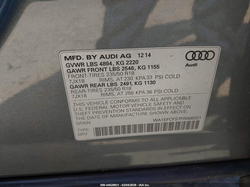 2015 Audi Q3 VIN WA1EFCFS7FR008321 IAAI salvage auction — LEFT SIDE, Salvage (Georgia), sold $1,950 on 2026-07-10 (photo 9)