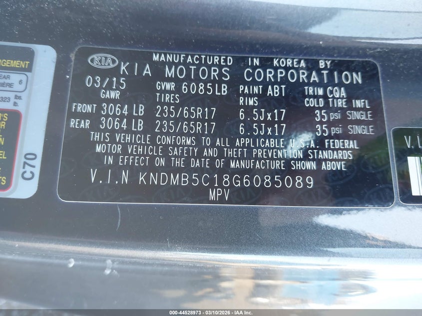 2016 Kia SEDONA VIN KNDMB5C18G6085089 IAAI salvage auction — RIGHT FRONT, Salvage Title, sold $875 on 2026-07-17 (photo 9)
