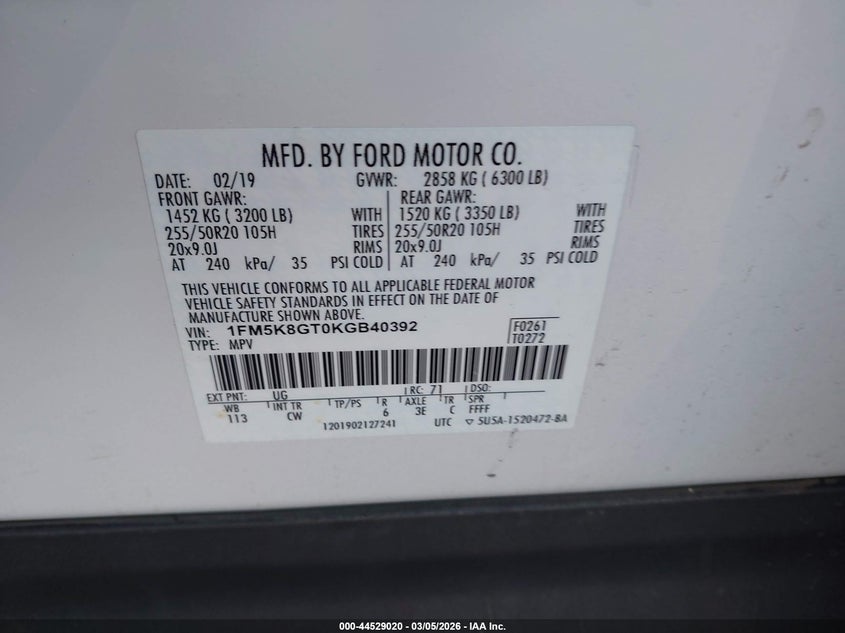 2019 Ford Explorer VIN 1FM5K8GT0KGB40392 IAAI salvage auction — THEFT, Salvage Title, sold $4,350 on 2026-07-29 (photo 9)