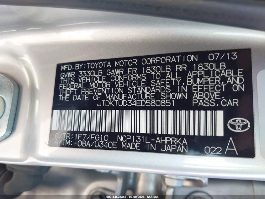 2014 Toyota Yaris VIN JTDKTUD34ED580851 IAAI salvage auction — RIGHT SIDE, Salvage Title, sold $1,400 on 2026-07-29 (photo 9)