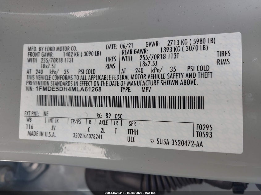 2021 Ford Bronco VIN 1FMDE5DH4MLA61268 IAAI salvage auction — FRONT END, Salvage Title, sold $15,500 on 2026-09-20 (photo 9)
