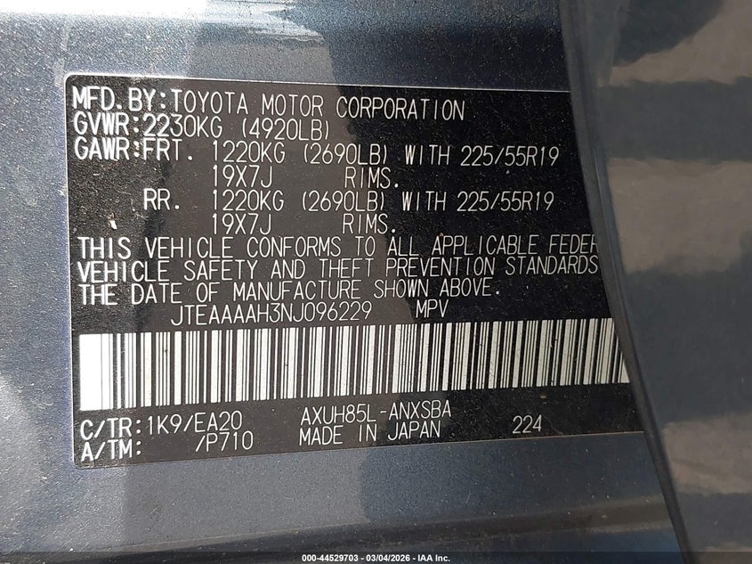 2022 Toyota Venza VIN JTEAAAAH3NJ096229 IAAI salvage auction — FRONT END, Salvage (Hawaii), sold $4,925 on 2026-07-21 (photo 9)