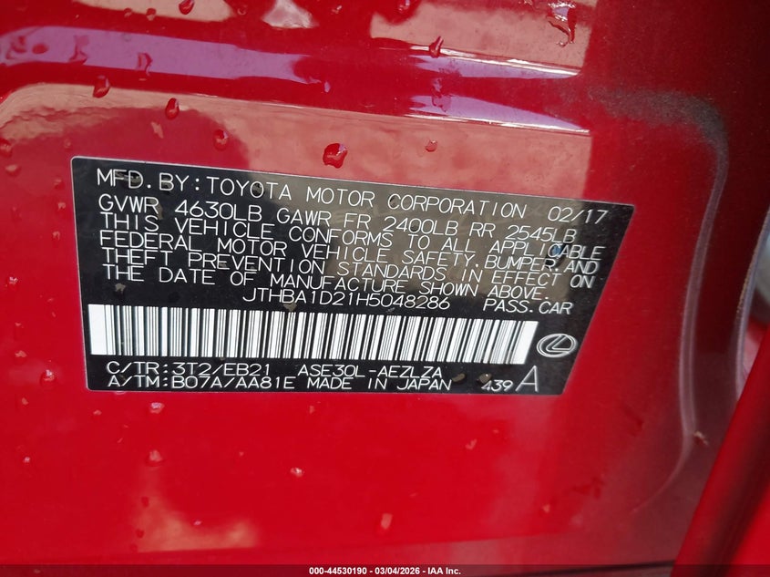 2017 Lexus Is VIN JTHBA1D21H5048286 IAAI salvage auction — RIGHT FRONT, Salvage (Georgia), sold $5,000 on 2026-07-29 (photo 9)