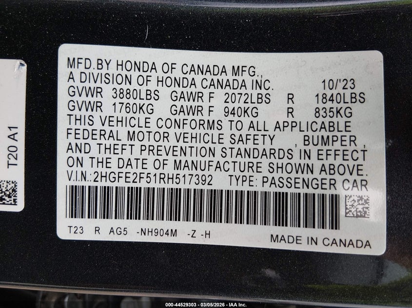 2024 Honda Civic VIN 2HGFE2F51RH517392 IAAI salvage auction — FRONT END, Salvage Title, sold $3,200 on 2026-07-19 (photo 9)