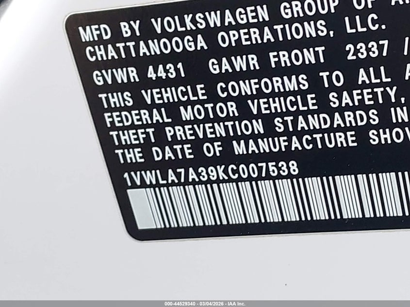 2019 Volkswagen Passat VIN 1VWLA7A39KC007538 IAAI salvage auction — LEFT REAR, Salvage Title, sold $2,050 on 2026-07-10 (photo 9)
