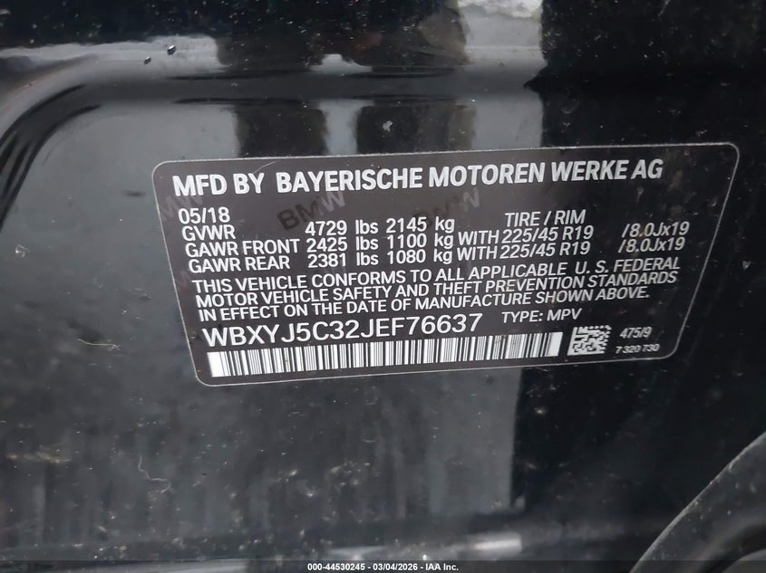 2018 BMW X2 VIN WBXYJ5C32JEF76637 IAAI salvage auction — FRONT END, Salvage Title, sold $1,600 on 2026-07-23 (photo 9)