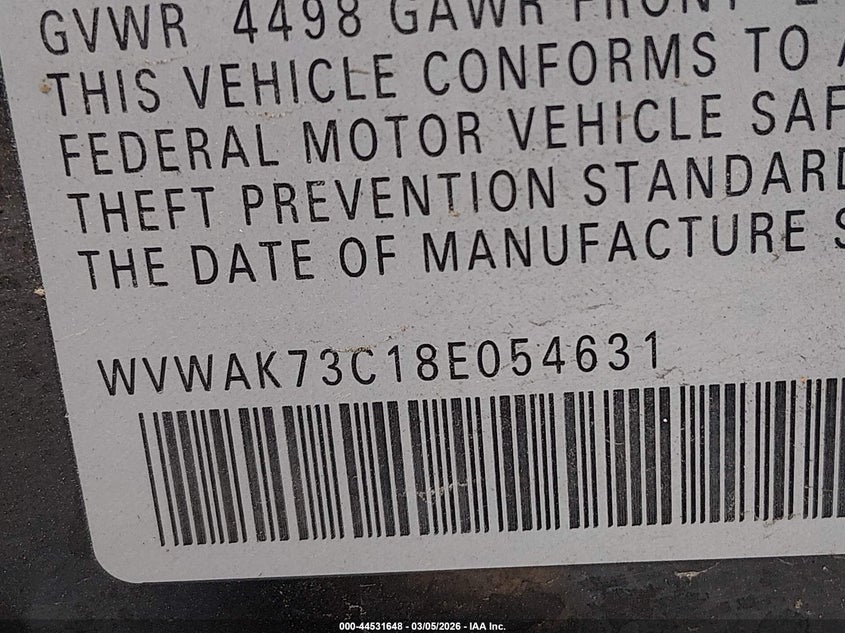 2008 Volkswagen Passat VIN WVWAK73C18E054631 IAAI salvage auction — LEFT REAR, Salvage (Kansas), sold $425 on 2026-08-05 (photo 9)