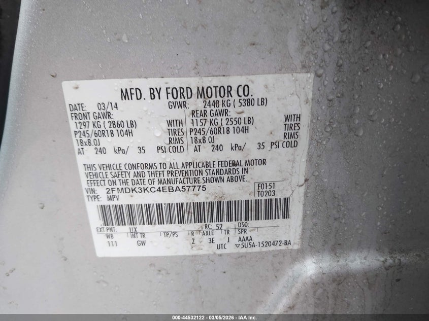 2014 Ford Edge VIN 2FMDK3KC4EBA57775 IAAI salvage auction — FRONT END, Salvage Title, sold $100 on 2026-07-09 (photo 9)