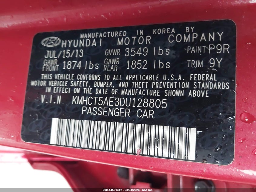 2013 Hyundai Accent VIN KMHCT5AE3DU128805 IAAI salvage auction — FRONT END, Salvage - Greater Than 75% (Maryland), sold $300 on 2026-07-09 (photo 9)