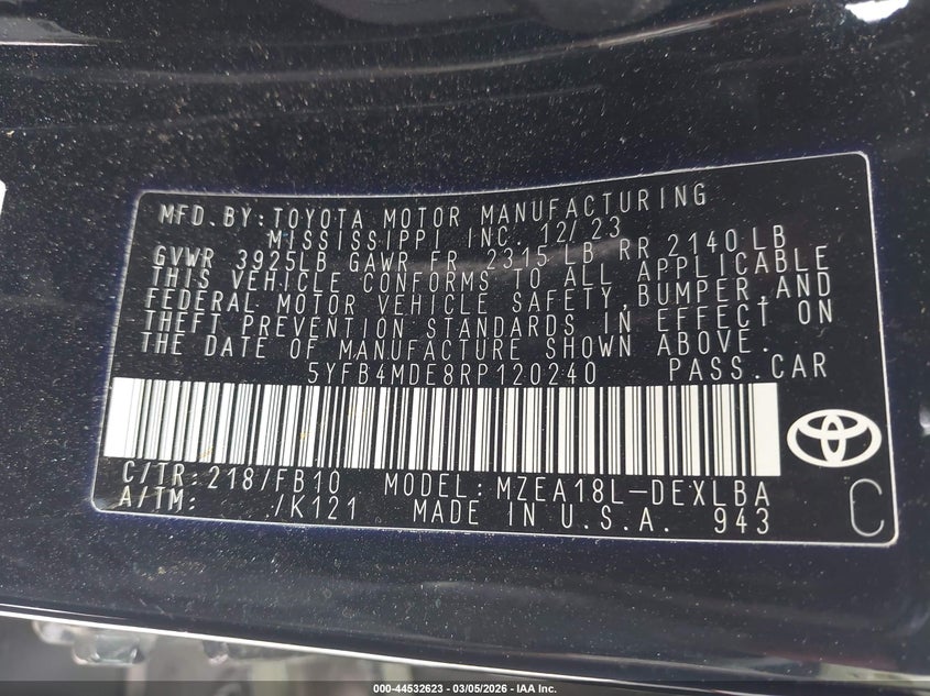 2024 Toyota Corolla VIN 5YFB4MDE8RP120240 IAAI salvage auction — FRONT END, Salvage Title, sold $3,100 on 2026-07-07 (photo 9)