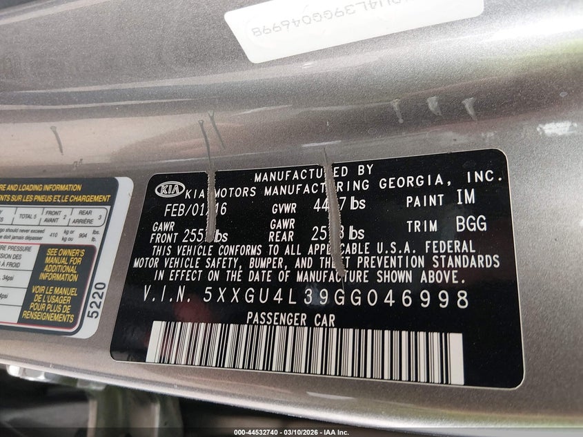 2016 Kia Optima VIN 5XXGU4L39GG046998 IAAI salvage auction — FRONT END, Salvage Title, sold $1,500 on 2026-07-15 (photo 9)