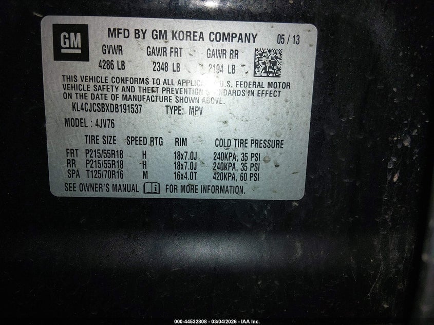2013 Buick Encore VIN KL4CJCSBXDB191537 IAAI salvage auction — FRONT END, Original (Kentucky), sold $650 on 2026-07-13 (photo 9)