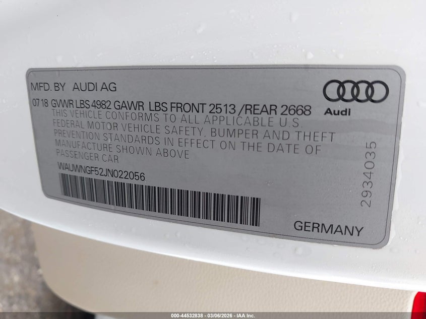2018 Audi A5 VIN WAUWNGF52JN022056 IAAI salvage auction — FRONT END, Salvage Title, sold $4,900 on 2026-07-23 (photo 9)