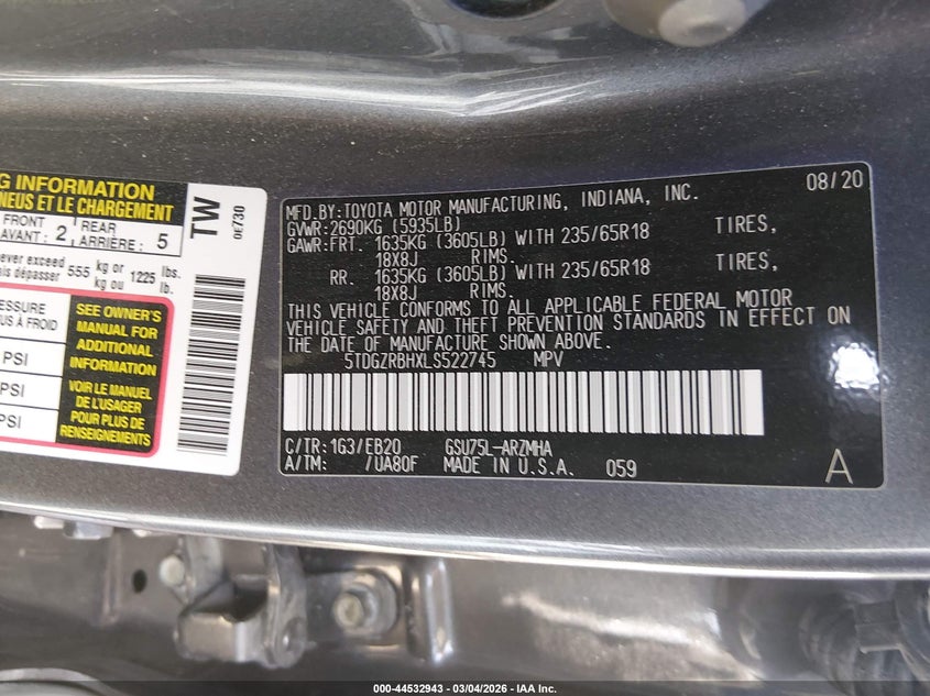 2020 Toyota Highlander VIN 5TDGZRBHXLS522745 IAAI salvage auction — LEFT REAR, Salvage (Colorado), sold $12,400 on 2026-07-21 (photo 9)