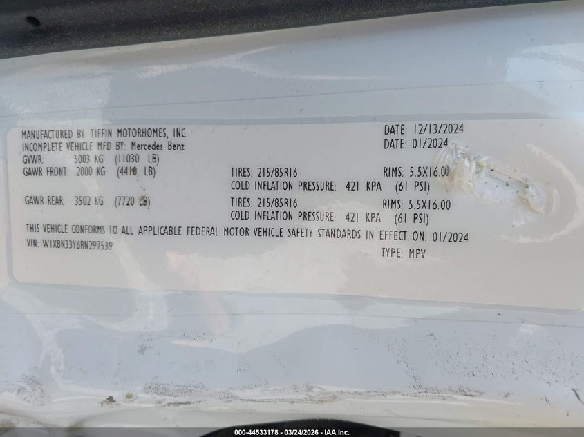 2024 Mercedes-benz Sprinter VIN W1X8N33Y6RN297539 IAAI salvage auction — LEFT SIDE, Salvage (Alabama), sold $32,550 on 2026-07-15 (photo 9)