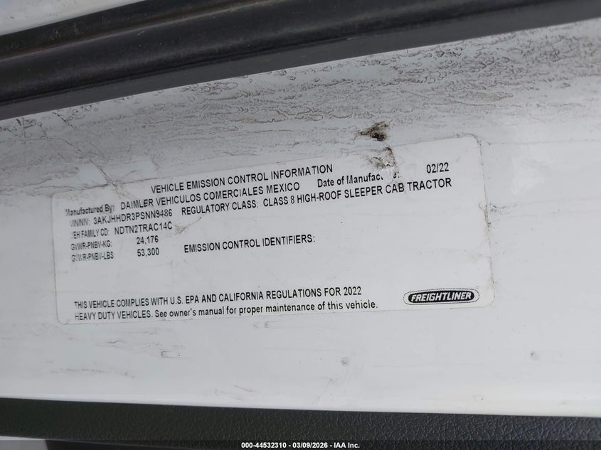 2023 Freightliner New cascadia 126 VIN 3AKJHHDR3PSNN9486 IAAI salvage auction — BIOHAZARD/CHEMICAL, Salvage (California), sold $8,800 on 2026-07-29 (photo 9)