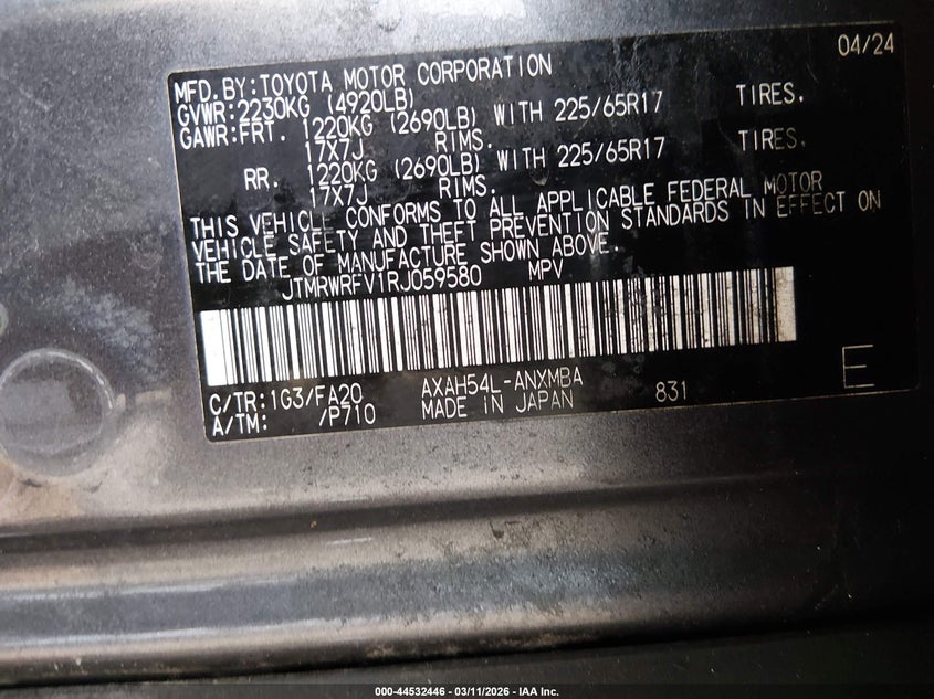 2024 Toyota Rav 4 VIN JTMRWRFV1RJ059580 IAAI salvage auction — FRONT END, Salvage Title, sold $11,300 on 2026-07-30 (photo 9)