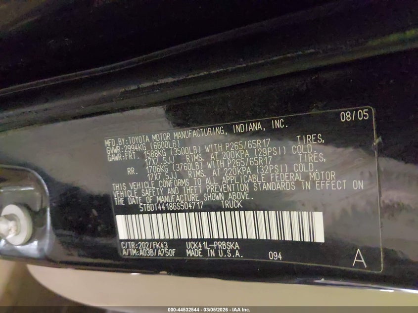 2006 Toyota Tundra VIN 5TBDT44186S504717 IAAI salvage auction — LEFT FRONT, Salvage (California), sold $1,600 on 2026-07-10 (photo 9)