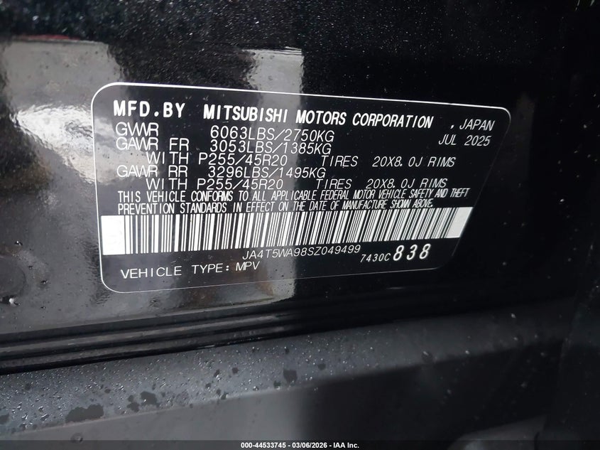 2025 Mitsubishi Outlander VIN JA4T5WA98SZ049499 IAAI salvage auction — UNDERCARRIAGE, Salvage (New Jersey), sold $18,600 on 2026-08-21 (photo 9)