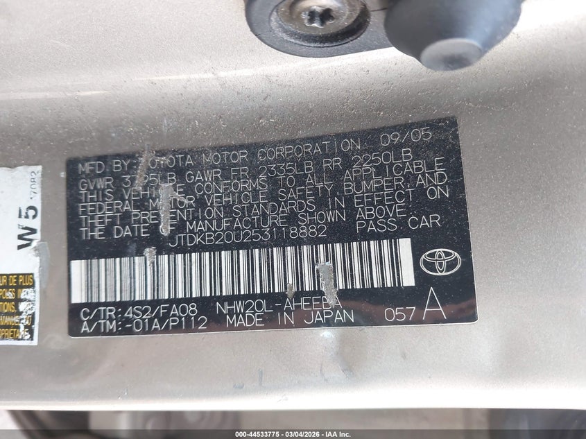 2005 Toyota Prius VIN JTDKB20U253118882 IAAI salvage auction — RIGHT SIDE, Salvage (Texas), sold $350 on 2026-07-28 (photo 9)