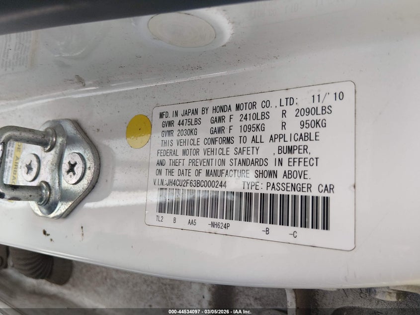 2011 Acura Tsx VIN JH4CU2F63BC000244 IAAI salvage auction — FRONT END, Salvage (Mississippi), sold $25 on 2026-10-12 (photo 9)
