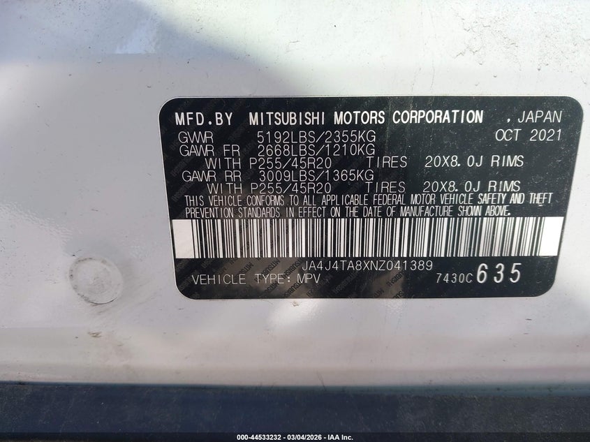2022 Mitsubishi Outlander VIN JA4J4TA8XNZ041389 IAAI salvage auction — LEFT SIDE, Salvage Title, sold $9,250 on 2026-07-07 (photo 9)