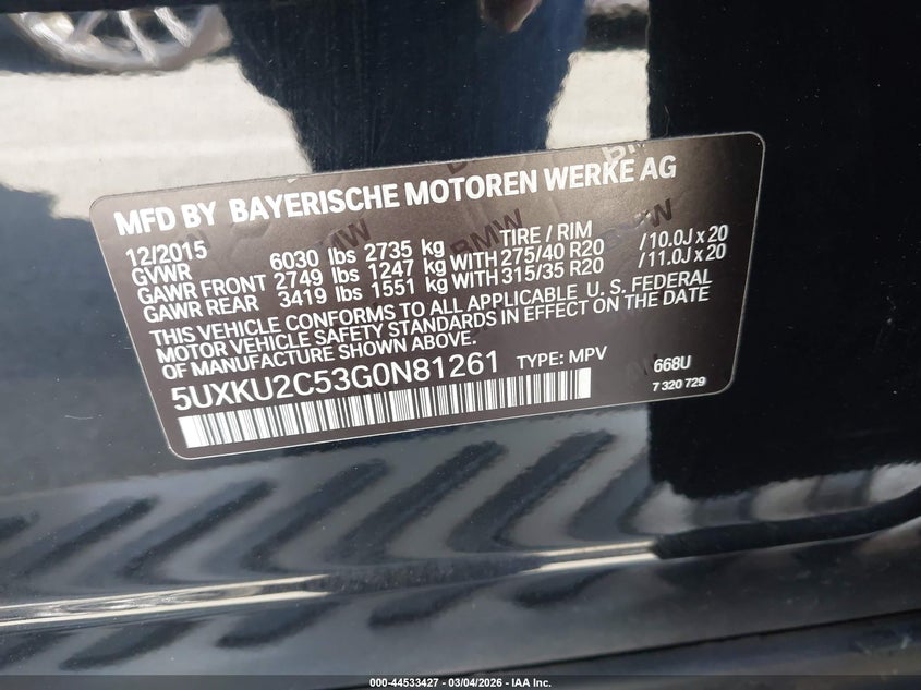 2016 BMW X6 VIN 5UXKU2C53G0N81261 IAAI salvage auction — FRONT END, Salvage (California), sold $4,550 on 2026-07-30 (photo 9)