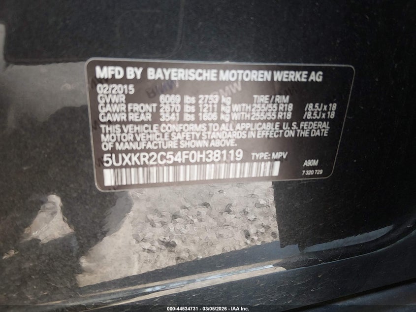 2015 BMW X5 VIN 5UXKR2C54F0H38119 IAAI salvage auction — FRONT END, Salvage (Virginia), sold $2,950 on 2026-07-28 (photo 9)