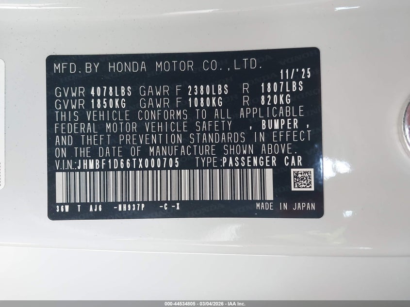 2026 Honda Prelude VIN JHMBF1D66TX000705 IAAI salvage auction — REAR END, Salvage (Hawaii), sold $525 on 2026-07-21 (photo 9)