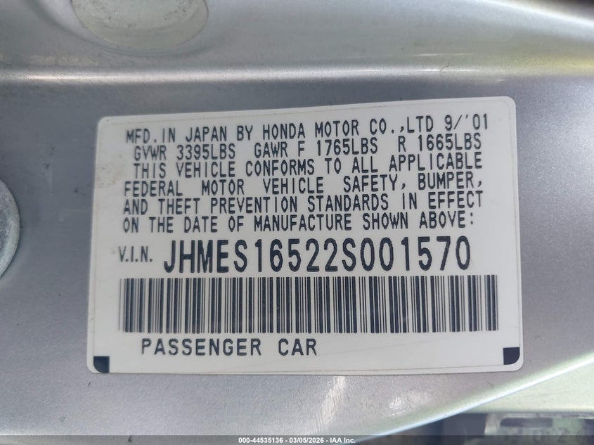 2002 Honda Civic VIN JHMES16522S001570 IAAI salvage auction — REAR END, Salvage (California), sold $450 on 2026-07-16 (photo 9)
