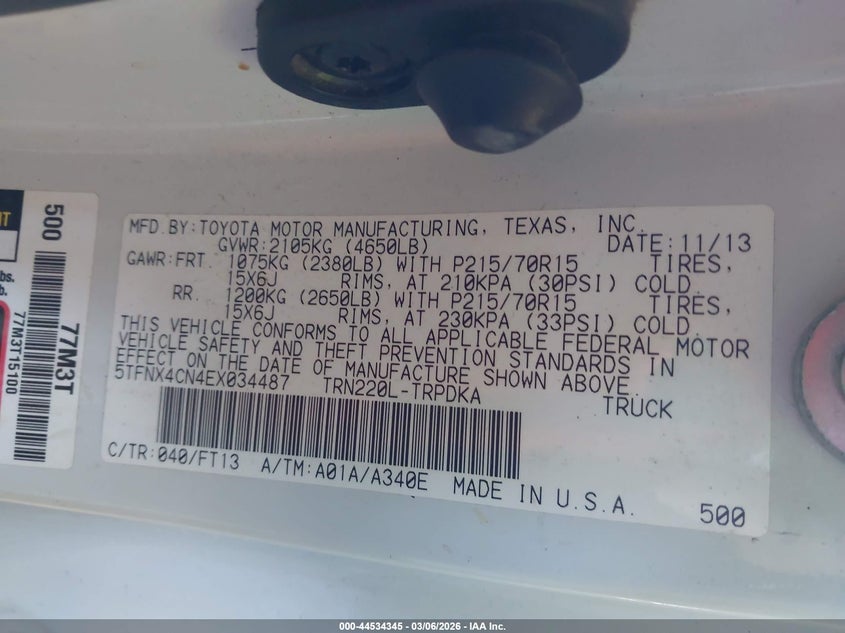 2014 Toyota Tacoma VIN 5TFNX4CN4EX034487 IAAI salvage auction — RIGHT FRONT, Salvage Title, sold $1,300 on 2026-07-21 (photo 9)