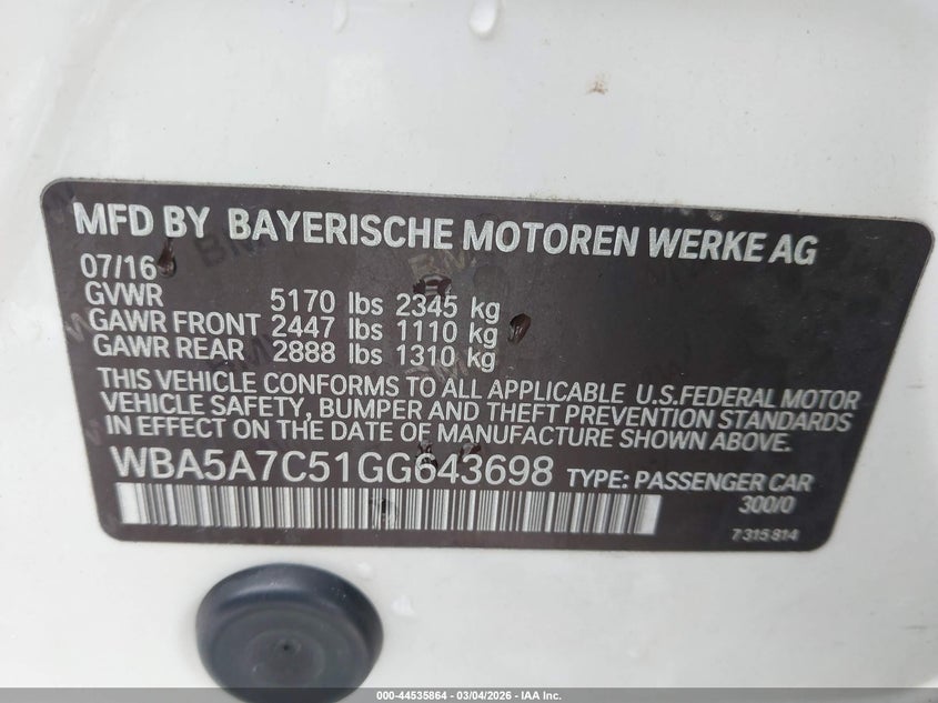 2016 BMW 5er VIN WBA5A7C51GG643698 IAAI salvage auction — FRONT END, Salvage Title, sold $2,125 on 2026-08-04 (photo 9)