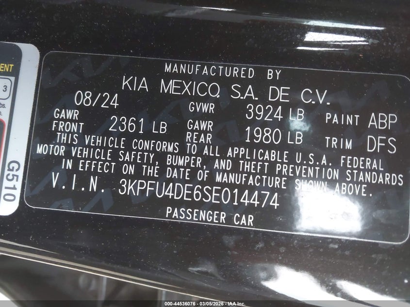 2025 Kia K4 VIN 3KPFU4DE6SE014474 IAAI salvage auction — LEFT FRONT, Clear (Illinois), sold $7,550 on 2026-08-18 (photo 9)