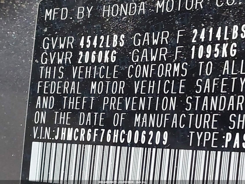 2017 Honda Accord VIN JHMCR6F76HC006209 IAAI salvage auction — FRONT END, Clear (Oklahoma), sold $2,150 on 2026-07-14 (photo 9)