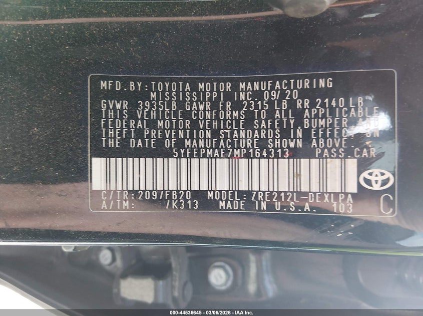 2021 Toyota Corolla VIN 5YFEPMAE7MP164313 IAAI salvage auction — RIGHT FRONT, Salvage Title, sold $1,550 on 2026-07-10 (photo 9)