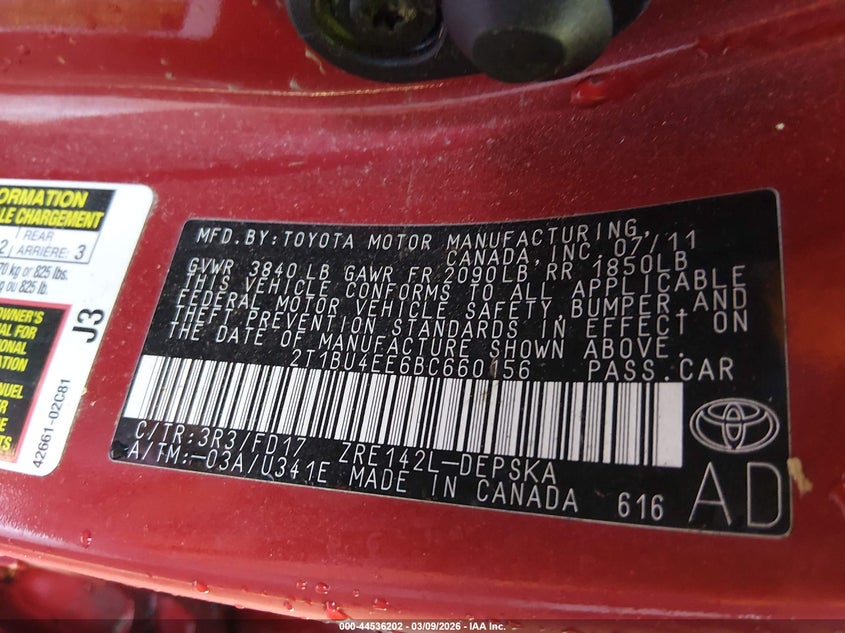 2011 Toyota Corolla VIN 2T1BU4EE6BC660156 IAAI salvage auction — WATER/FLOOD, Salvage (Indiana), sold $400 on 2026-07-17 (photo 9)