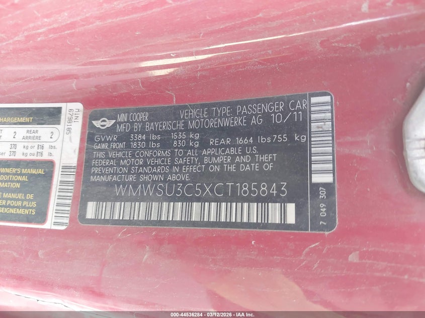 2012 Mini Cooper VIN WMWSU3C5XCT185843 IAAI salvage auction — LEFT REAR, Salvage (Texas), sold $225 on 2026-08-11 (photo 9)