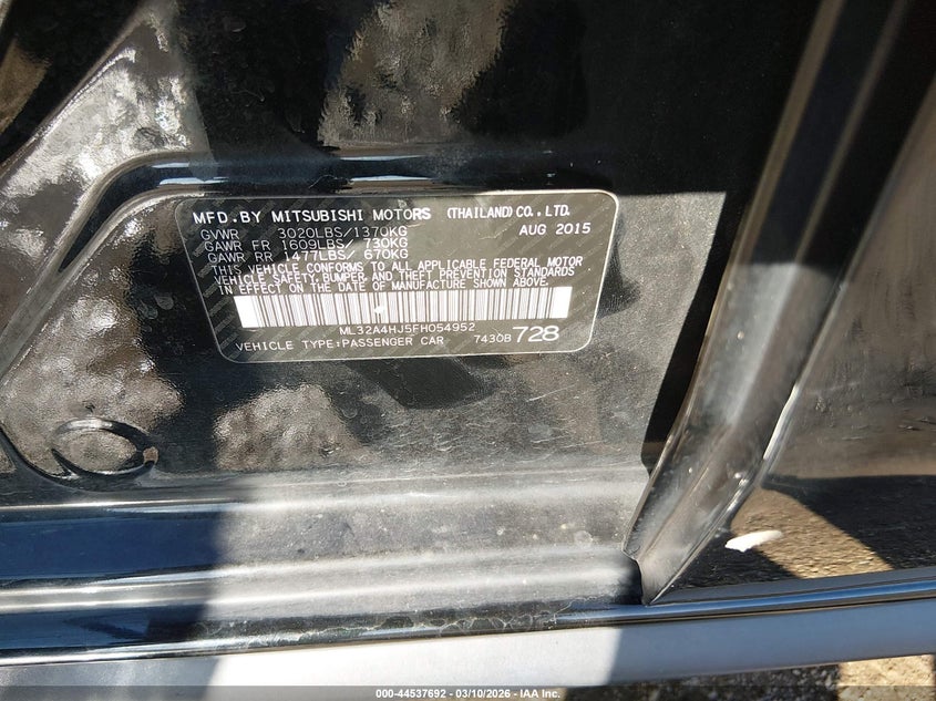 2015 Mitsubishi Mirage VIN ML32A4HJ5FH054952 IAAI salvage auction — HAIL, Clear (Kansas), sold $1,050 on 2026-07-08 (photo 9)