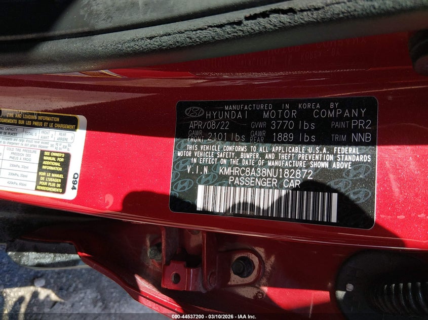 2022 Hyundai Venue VIN KMHRC8A38NU182872 IAAI salvage auction — LEFT REAR, Salvage Title, sold $3,475 on 2026-07-22 (photo 9)