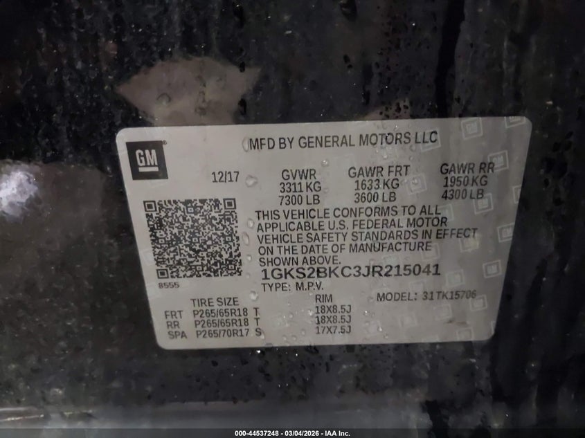 2018 Gmc Yukon VIN 1GKS2BKC3JR215041 IAAI salvage auction — FRONT END, Salvage (Maine), sold $3,950 on 2026-07-31 (photo 9)