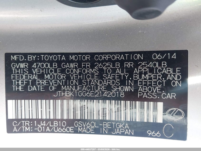2014 Lexus ES VIN JTHBK1GG6E2142018 IAAI salvage auction — LEFT REAR, Salvage (North Carolina), sold $4,150 on 2026-07-12 (photo 9)