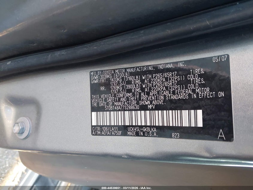 2007 Toyota Sequoia VIN 5TDBT48A77S288630 IAAI salvage auction — ALL OVER, Original (Texas), sold $1,350 on 2026-07-29 (photo 9)
