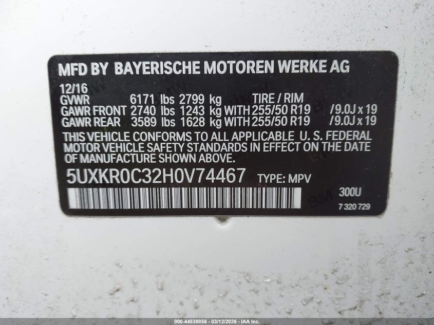 2017 BMW X5 VIN 5UXKR0C32H0V74467 IAAI salvage auction — ENGINE DAMAGE, Salvage Title, sold $25 on 2026-07-28 (photo 9)