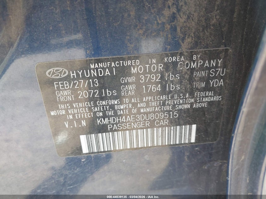2013 Hyundai Elantra VIN KMHDH4AE3DU809515 IAAI salvage auction — MECHANICAL, Salvage Title, sold $300 on 2026-07-28 (photo 9)