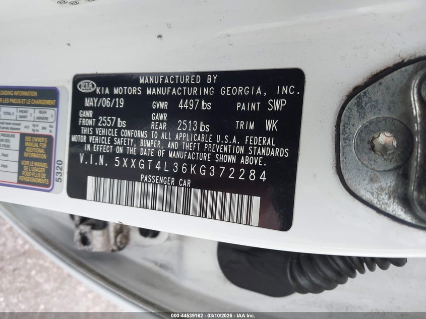 2019 Kia Optima VIN 5XXGT4L36KG372284 IAAI salvage auction — SIDE, Salvage Title, sold $825 on 2026-07-11 (photo 9)