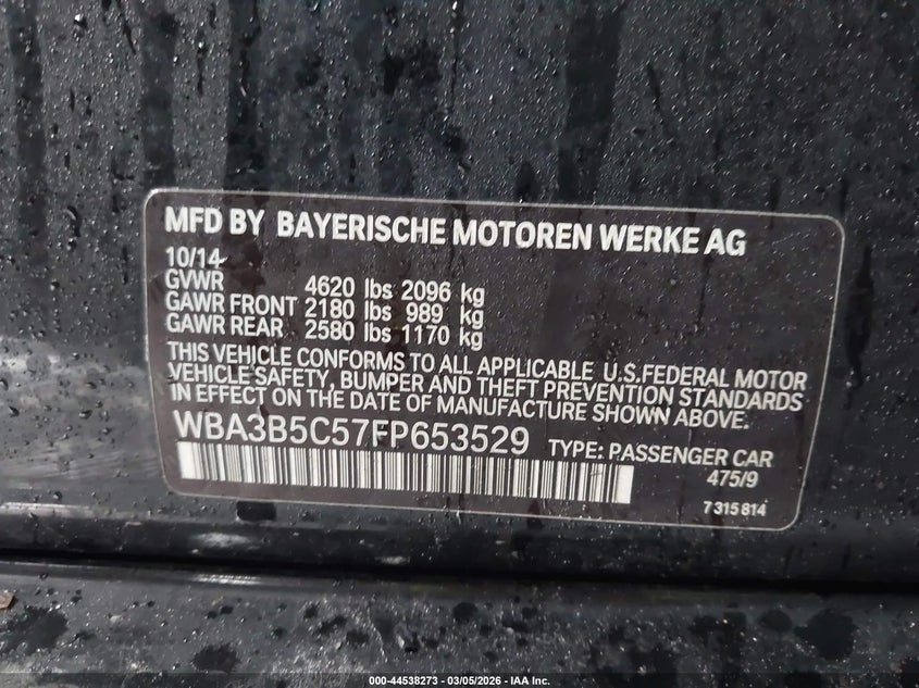 2015 BMW 3er VIN WBA3B5C57FP653529 IAAI salvage auction — SIDE, Mv-907A (New York), sold $1,200 on 2026-08-20 (photo 9)