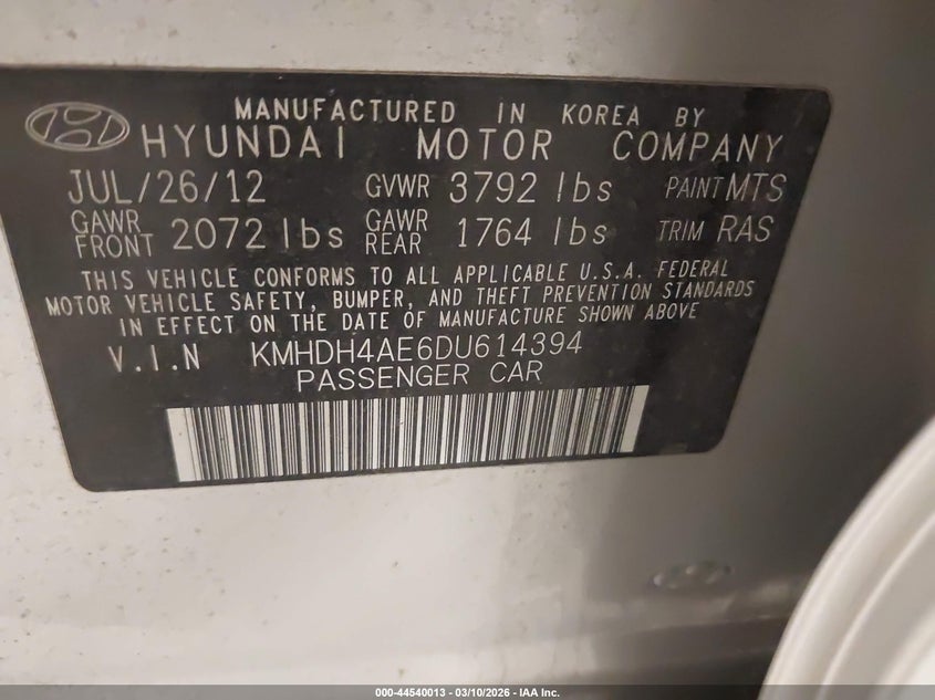 2013 Hyundai Elantra VIN KMHDH4AE6DU614394 IAAI salvage auction — RIGHT SIDE, Clear (Wisconsin), sold $1,175 on 2026-07-15 (photo 9)