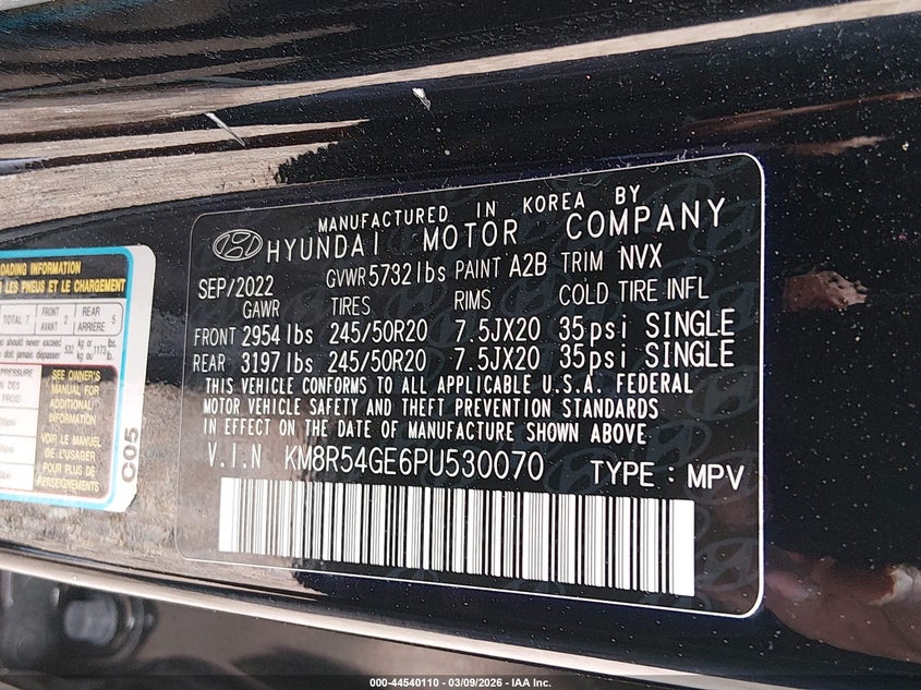 2023 Hyundai Palisade VIN KM8R54GE6PU530070 IAAI salvage auction — FRONT END, Salvage Title, sold $10,550 on 2026-07-13 (photo 9)