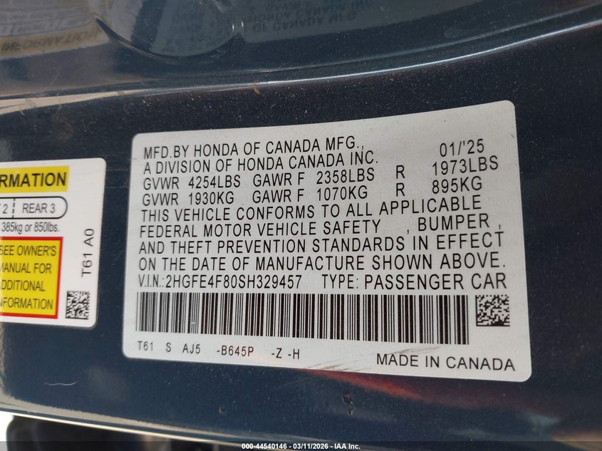 2025 Honda Civic VIN 2HGFE4F80SH329457 IAAI salvage auction — SIDE, Salvage Title, sold $9,200 on 2026-08-25 (photo 9)